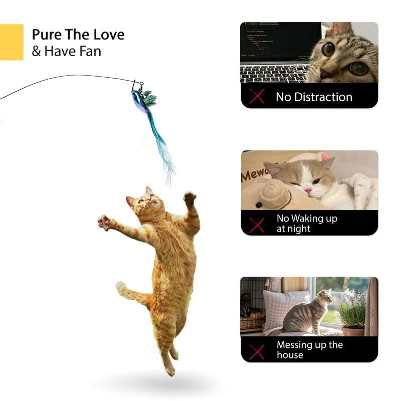 Cat Toy Set——Cat Toy Wand Auto Interactive Toys for Indoor Cat, 5 in 1 Hands-Free Natural Bird Feather Ball Toys, Strong Suction Cup with Bird & Feather Attachments, Bell Teaser