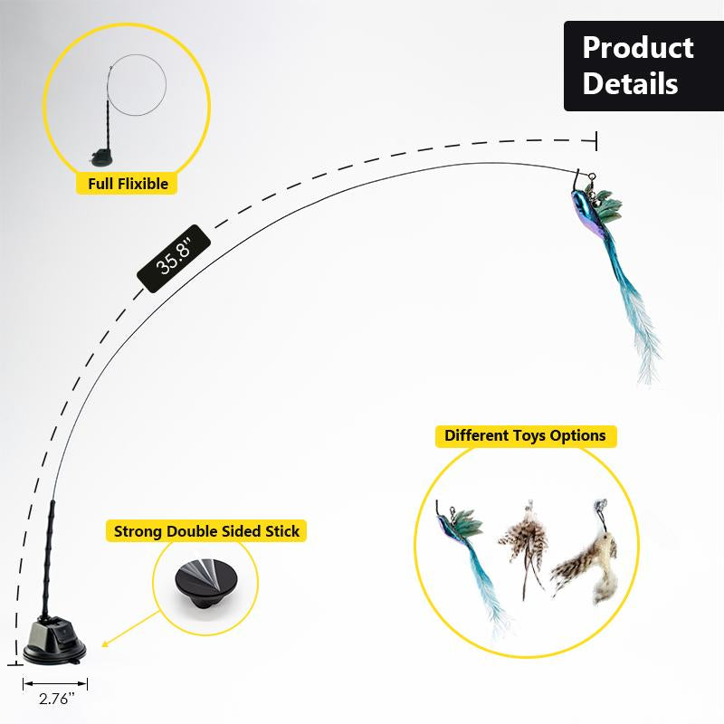 Cat Toy Set——Cat Toy Wand Auto Interactive Toys for Indoor Cat, 5 in 1 Hands-Free Natural Bird Feather Ball Toys, Strong Suction Cup with Bird & Feather Attachments, Bell Teaser