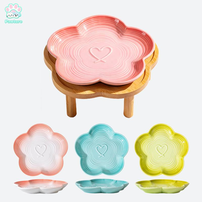 Shallow Elevated Cat Bowl, 6.6 Inch Wide Raised Ceramic Cat Dish with Bamboo Stand, Whisker Friendly Pet Water or Food Plate Feeding Station for Indoor Cats, Kittens