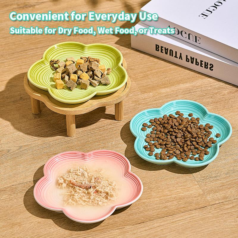 Shallow Elevated Cat Bowl, 6.6 Inch Wide Raised Ceramic Cat Dish with Bamboo Stand, Whisker Friendly Pet Water or Food Plate Feeding Station for Indoor Cats, Kittens