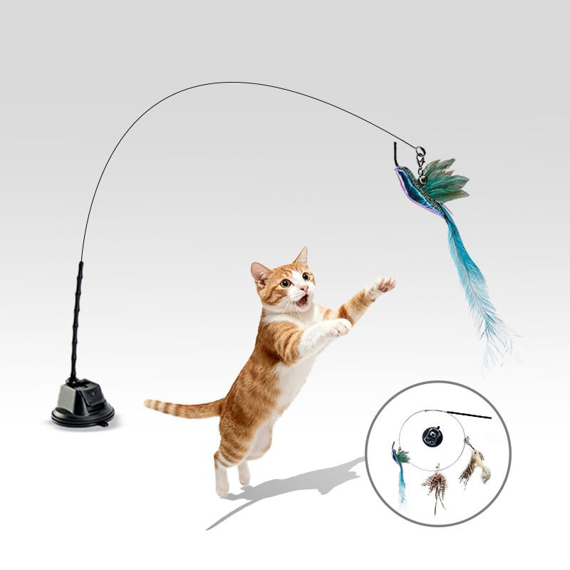 Cat Toy Set——Cat Toy Wand Auto Interactive Toys for Indoor Cat, 5 in 1 Hands-Free Natural Bird Feather Ball Toys, Strong Suction Cup with Bird & Feather Attachments, Bell Teaser