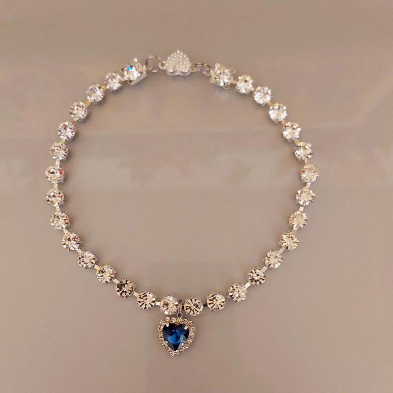 Elegant Blue Diamond Heart Necklace Pet Collar - Safe Magnetic Breakaway Design with Crystal Accents for Small Dogs & Cats