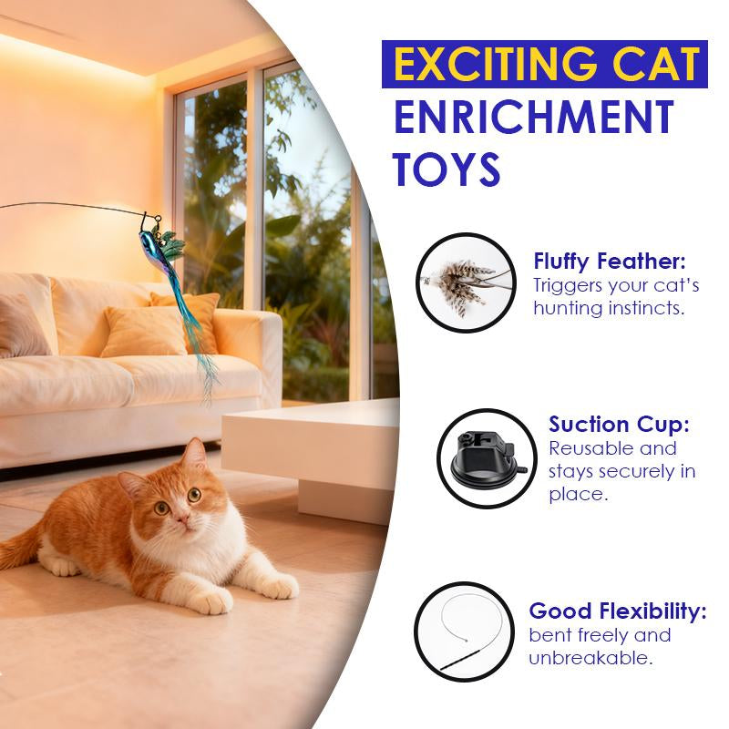 Cat Toy Set——Cat Toy Wand Auto Interactive Toys for Indoor Cat, 5 in 1 Hands-Free Natural Bird Feather Ball Toys, Strong Suction Cup with Bird & Feather Attachments, Bell Teaser