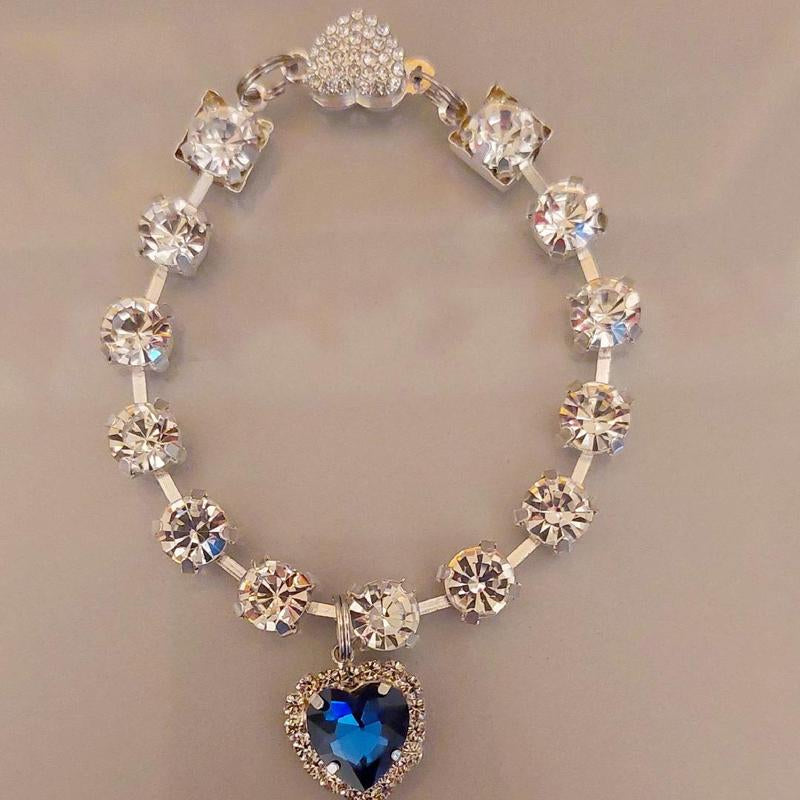 Elegant Blue Diamond Heart Necklace Pet Collar - Safe Magnetic Breakaway Design with Crystal Accents for Small Dogs & Cats